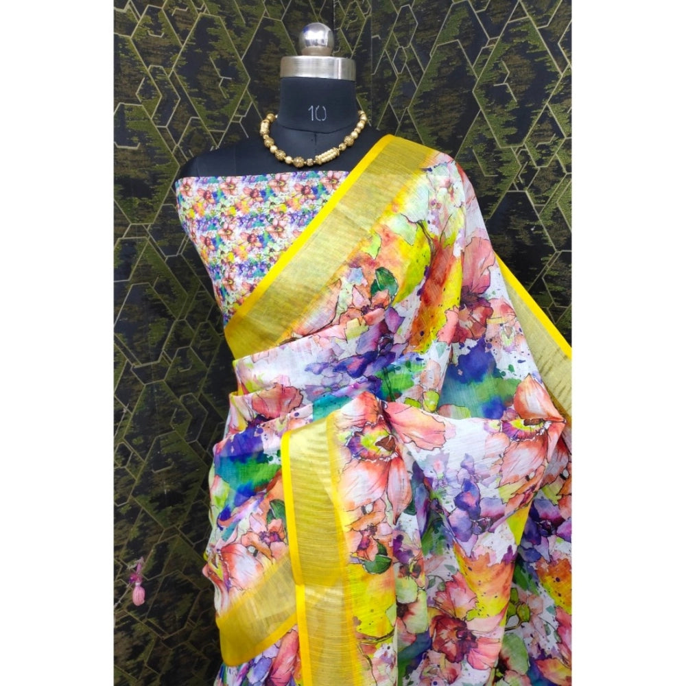 Women's Cotton Linen Printed Saree With Unstitched Blouse 5.5Mtr (Yellow)