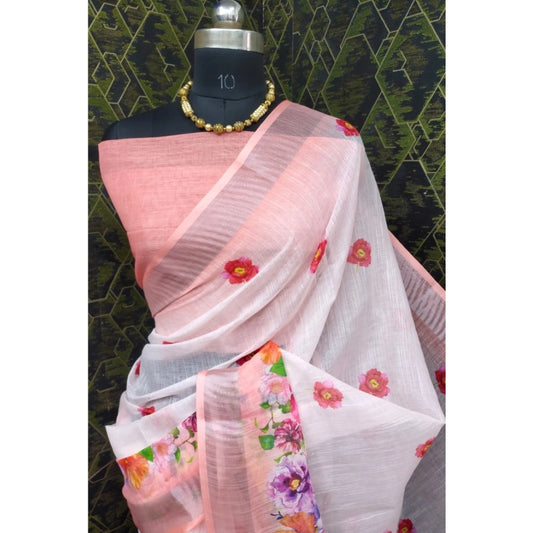 Women's Cotton Linen Woven Design Saree With Unstitched Blouse 5.5Mtr (Peach)