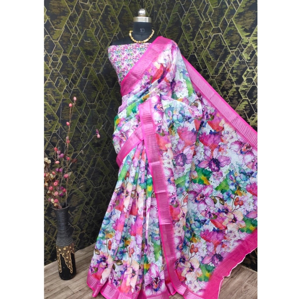Women's Cotton Linen Printed Saree With Unstitched Blouse 5.5Mtr (Pink)