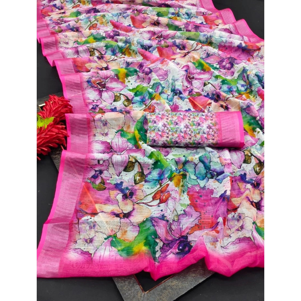 Women's Cotton Linen Printed Saree With Unstitched Blouse 5.5Mtr (Pink)