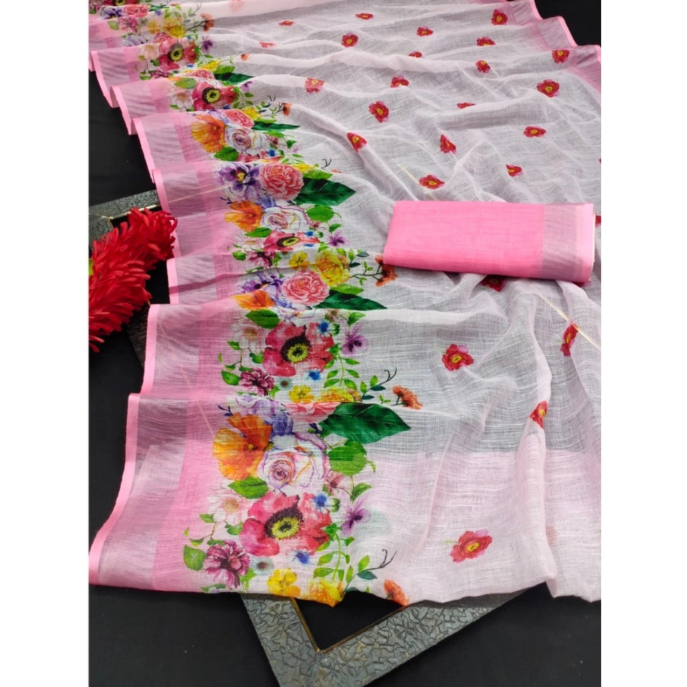 Women's Cotton Linen Woven Design Saree With Unstitched Blouse 5.5Mtr (Pink)