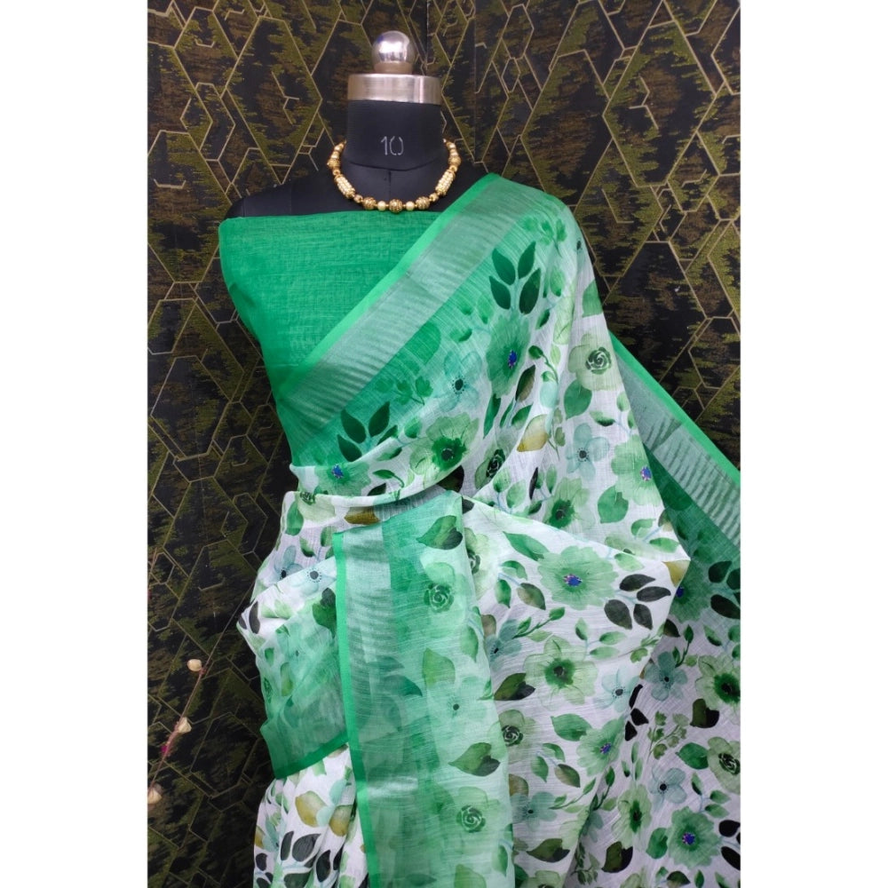 Women's Cotton Linen Woven Design Saree With Unstitched Blouse 5.5Mtr (Green)