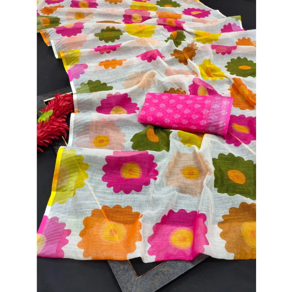 Women's Cotton Linen Woven Design Saree With Unstitched Blouse 5.5Mtr (Pink)