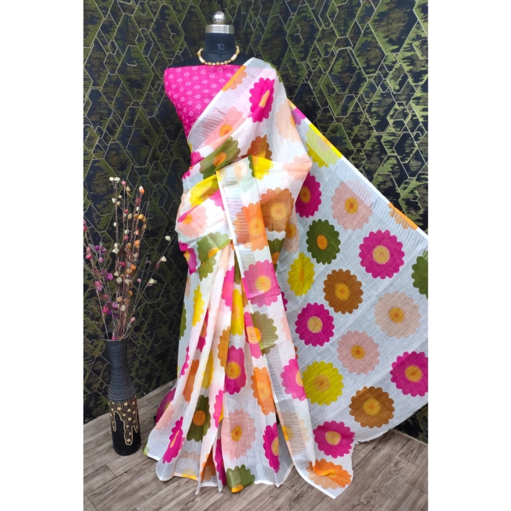 Women's Cotton Linen Woven Design Saree With Unstitched Blouse 5.5Mtr (Pink)