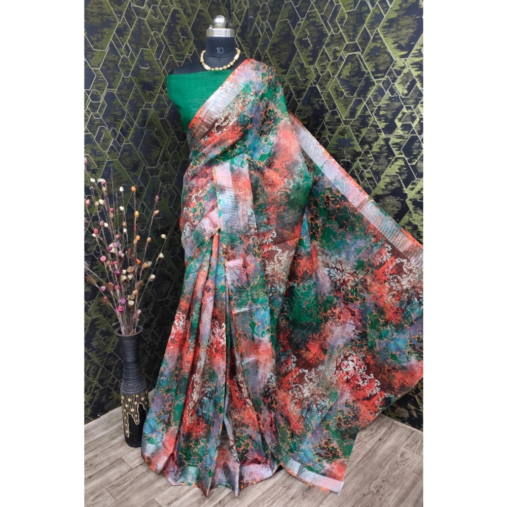 Women's Cotton Linen Woven Design Saree With Unstitched Blouse 5.5Mtr (Green)