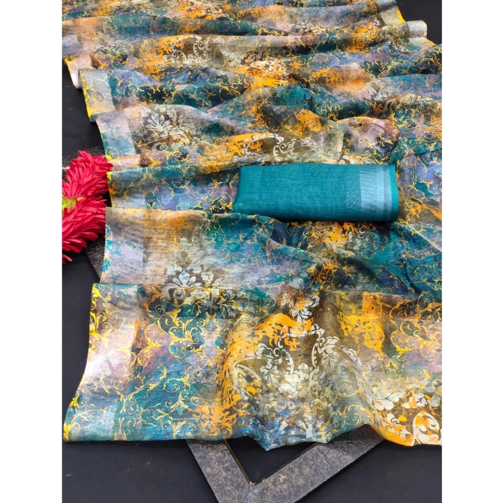 Women's Cotton Linen Woven Design Saree With Unstitched Blouse 5.5Mtr (Multicolor)