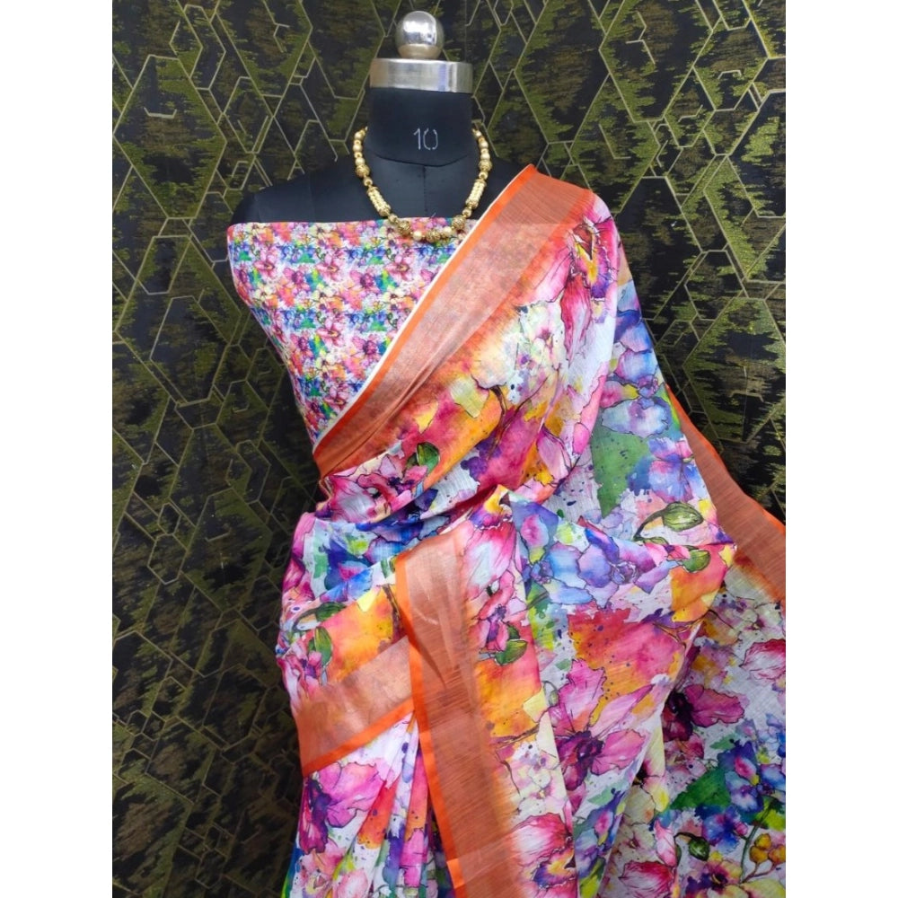 Women's Cotton Linen Printed Saree With Unstitched Blouse 5.5Mtr (Orange)