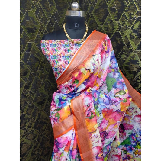 Women's Cotton Linen Printed Saree With Unstitched Blouse 5.5Mtr (Orange)