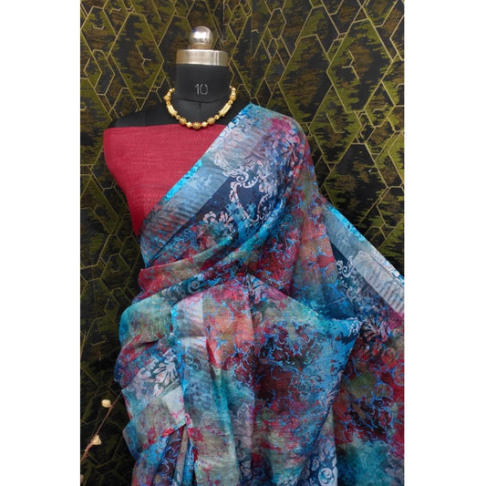 Women's Cotton Linen Woven Design Saree With Unstitched Blouse 5.5Mtr (Blue)