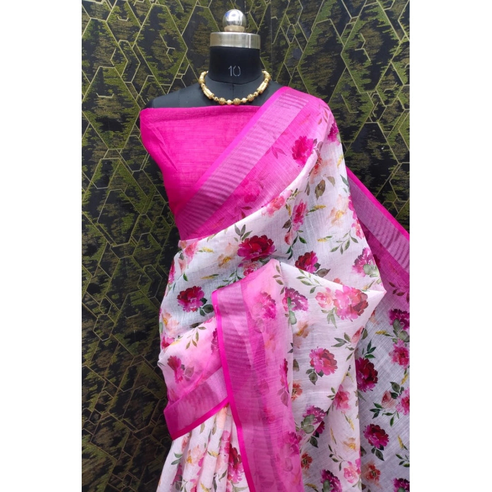 Women's Cotton Linen Woven Design Saree With Unstitched Blouse 5.5Mtr (Pink)