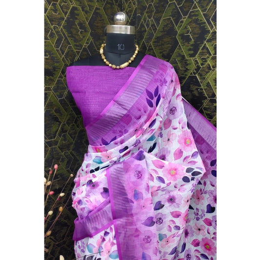 Women's Cotton Linen Woven Design Saree With Unstitched Blouse 5.5Mtr (Purple)