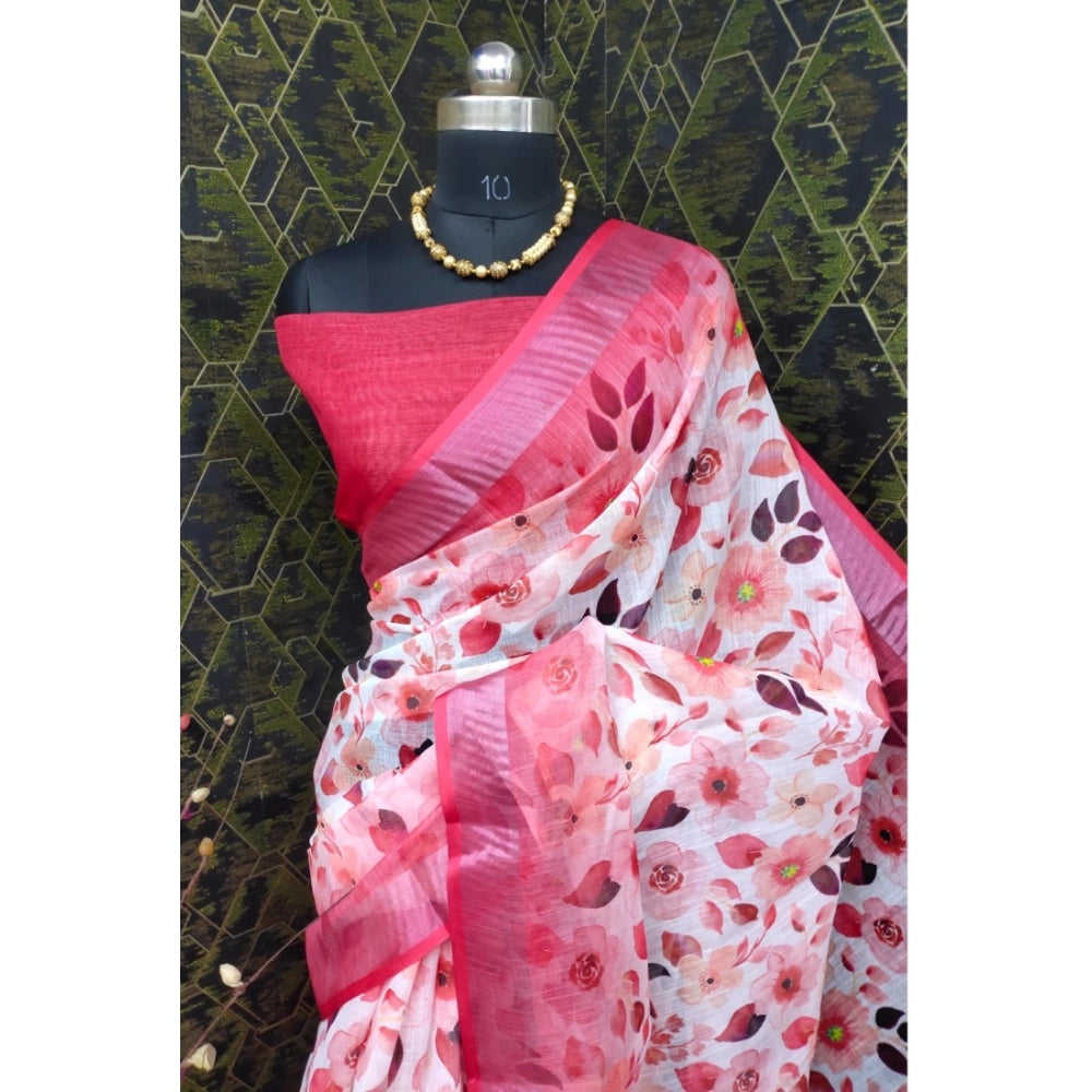 Women's Cotton Linen Woven Design Saree With Unstitched Blouse 5.5Mtr (Red)