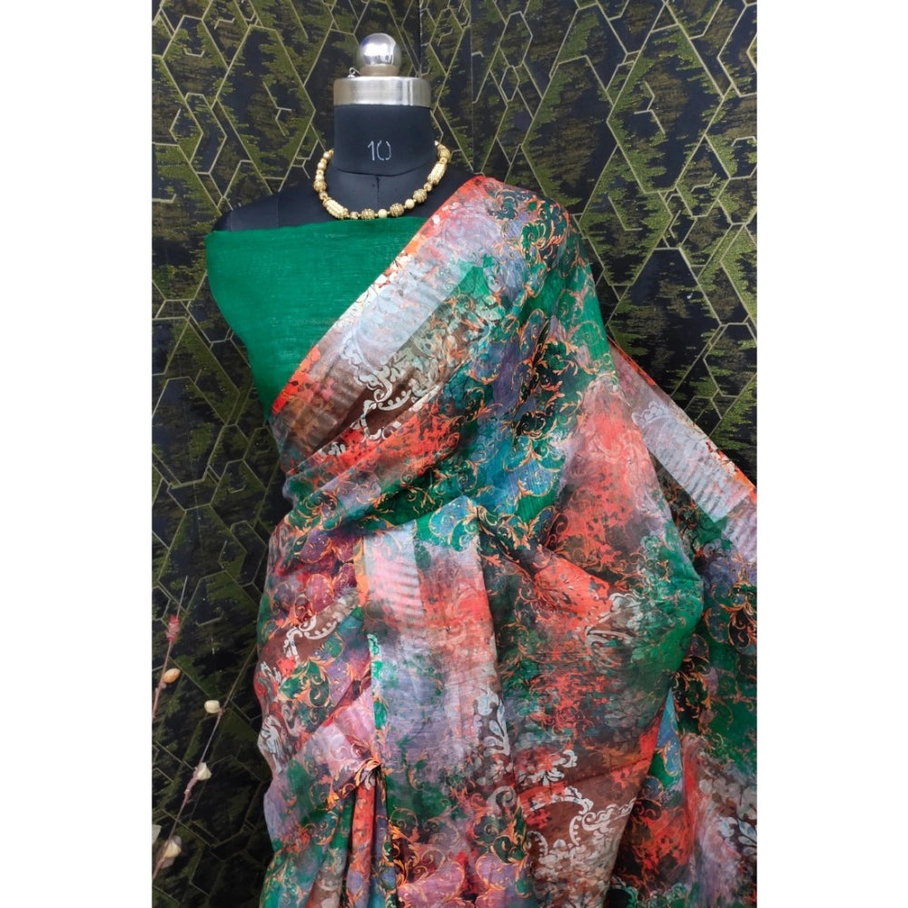 Women's Cotton Linen Woven Design Saree With Unstitched Blouse 5.5Mtr (Green)
