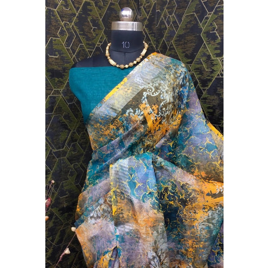 Women's Cotton Linen Woven Design Saree With Unstitched Blouse 5.5Mtr (Multicolor)