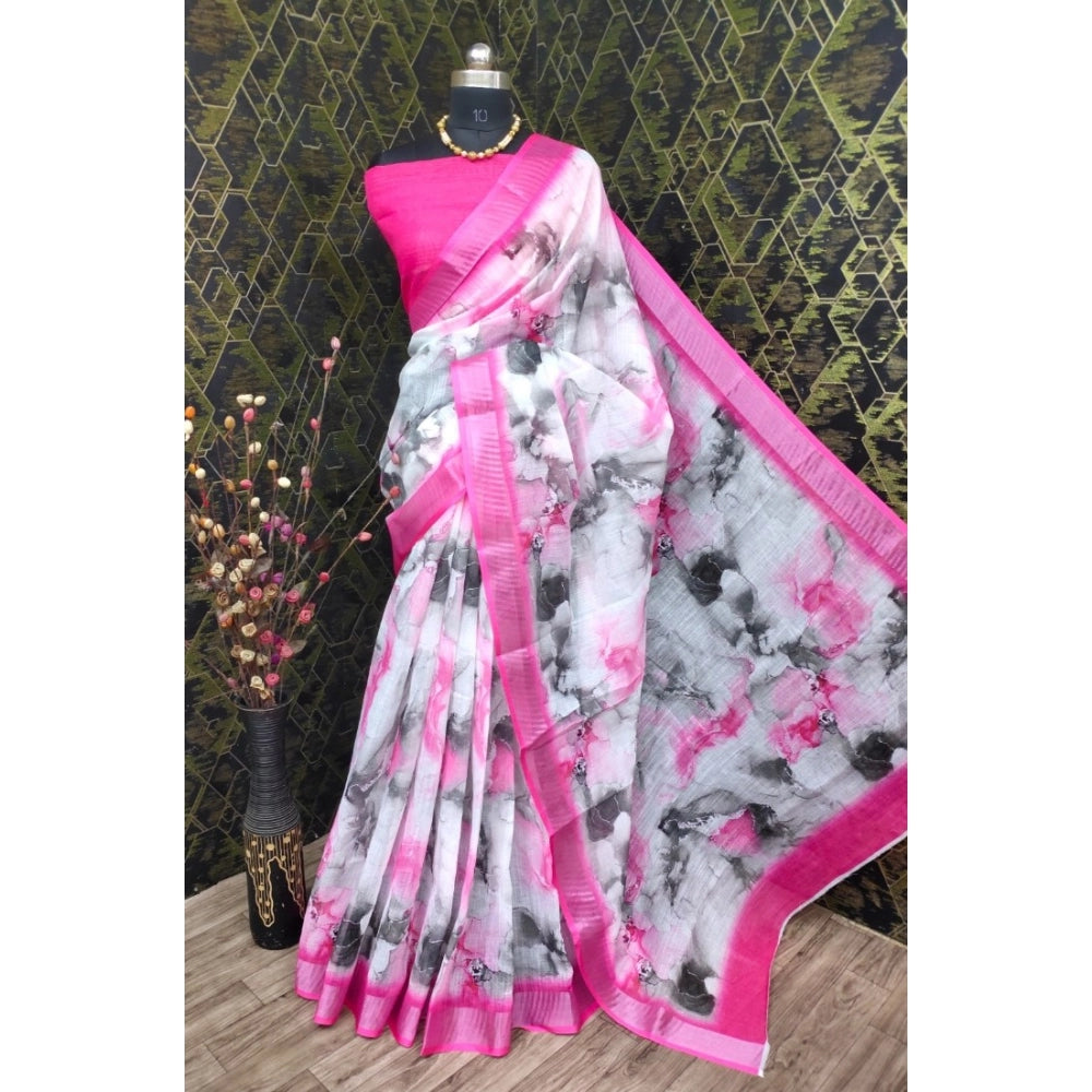 Women's Cotton Linen Woven Design Saree With Unstitched Blouse 5.5Mtr (Pink)