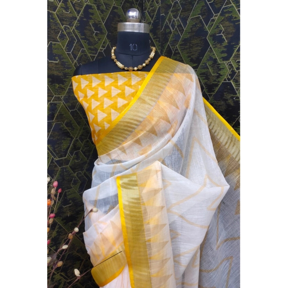 Women's Cotton Linen Woven Design Saree With Unstitched Blouse 5.5Mtr (Yellow)