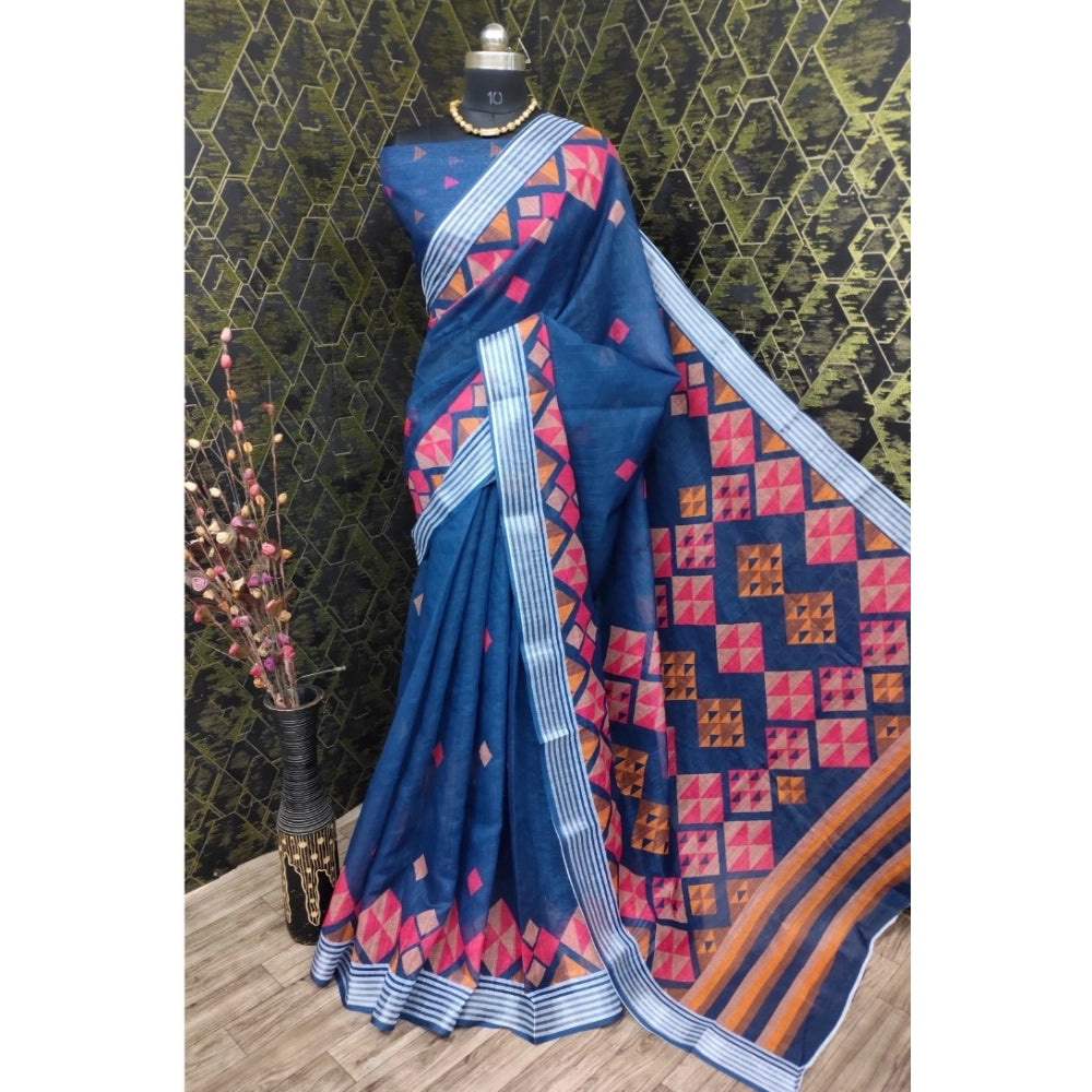 Women's Cotton Linen Digital Print Saree With Unstitched Blouse 5.5Mtr (Blue)