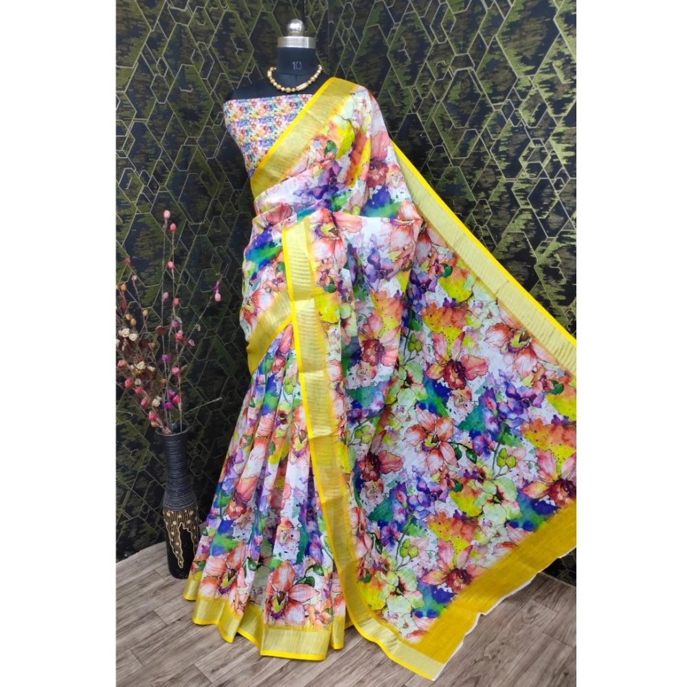 Women's Cotton Linen Printed Saree With Unstitched Blouse 5.5Mtr (Yellow)