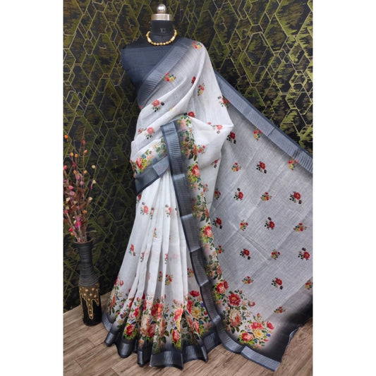 Women's Cotton Linen Woven Design Saree With Unstitched Blouse 5.5Mtr (Black)