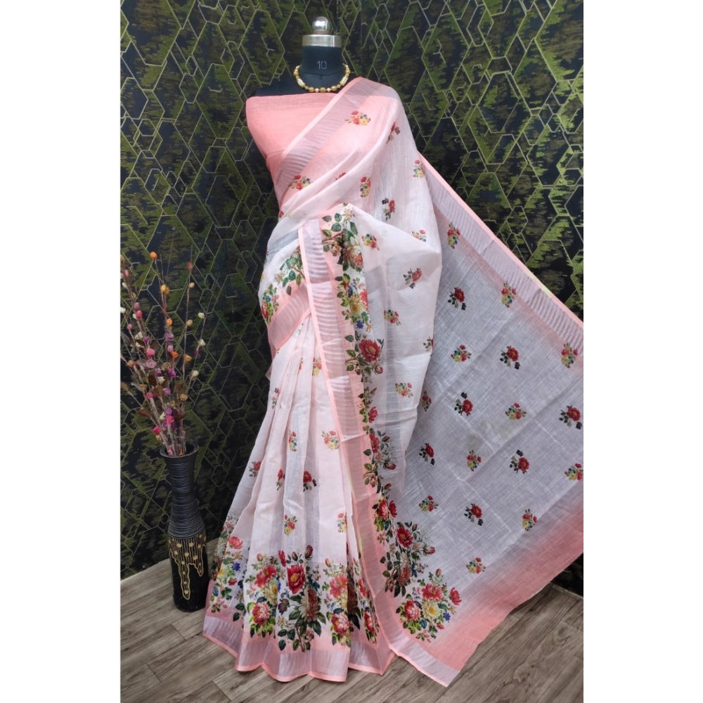 Women's Cotton Linen Woven Design Saree With Unstitched Blouse 5.5Mtr (Peach)