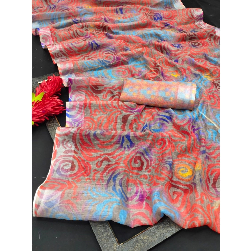 Women's Cotton Linen Woven Design Saree With Unstitched Blouse 5.5Mtr (Red)