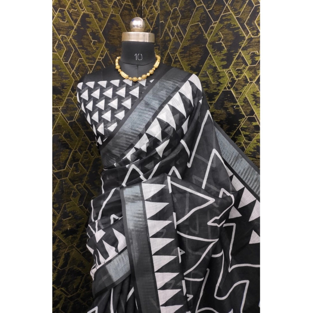 Women's Cotton Linen Woven Design Saree With Unstitched Blouse 5.5Mtr (Black)
