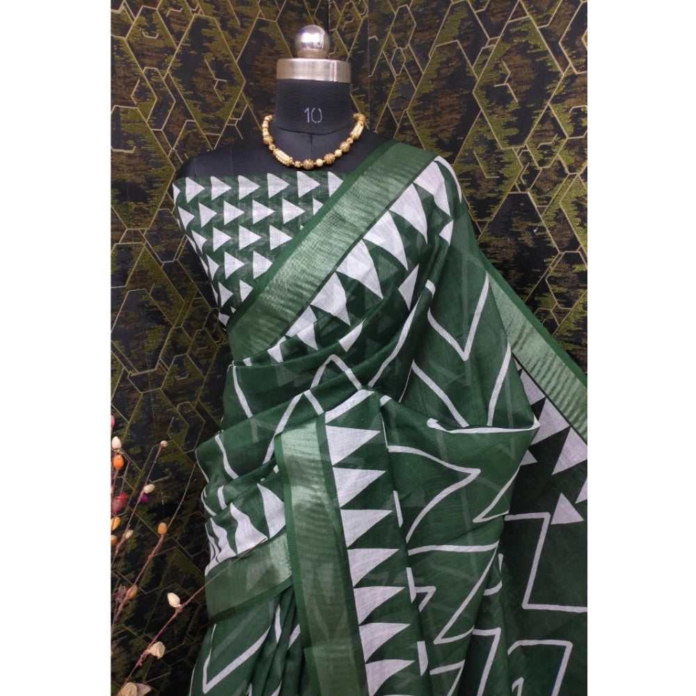 Women's Cotton Linen Woven Design Saree With Unstitched Blouse 5.5Mtr (Green)