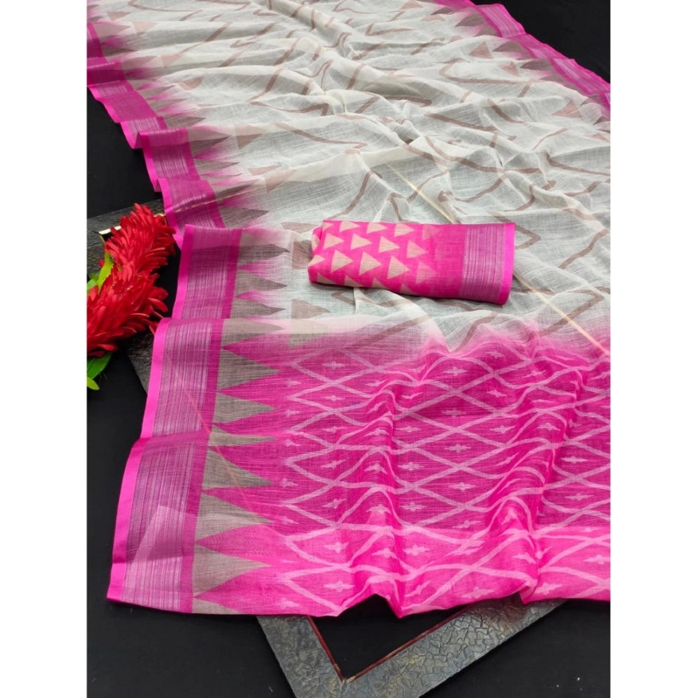 Women's Cotton Linen Woven Design Saree With Unstitched Blouse 5.5Mtr (Pink)