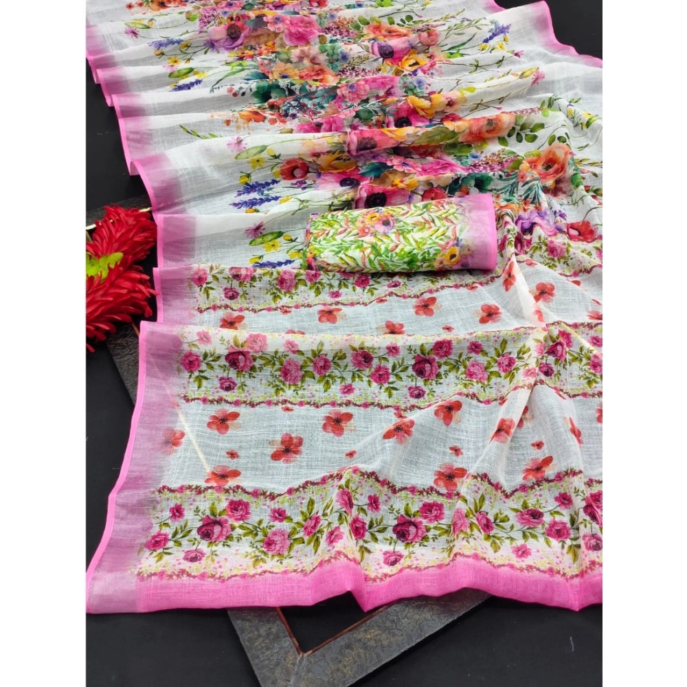 Women's Cotton Linen Printed Saree With Unstitched Blouse 5.5Mtr (Pink)