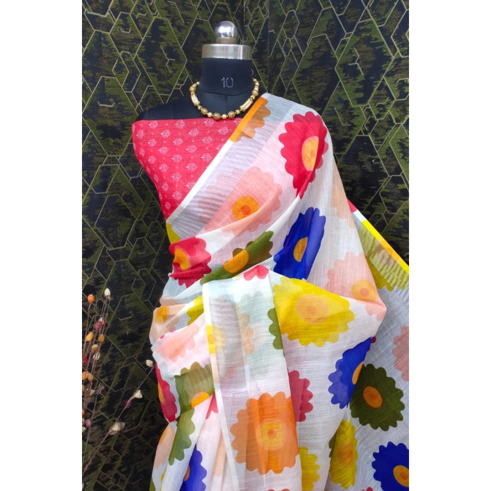 Women's Cotton Linen Woven Design Saree With Unstitched Blouse 5.5Mtr (Red)