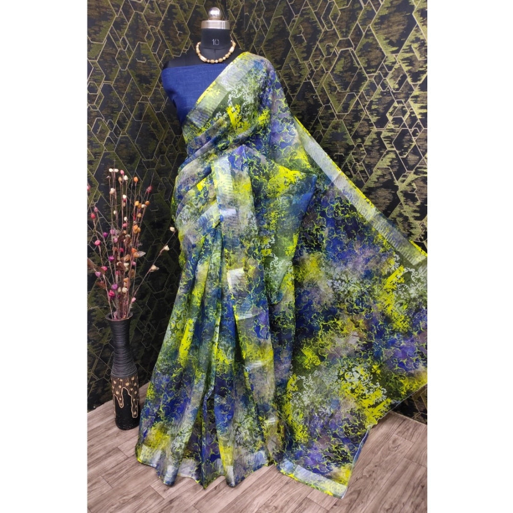 Women's Cotton Linen Woven Design Saree With Unstitched Blouse 5.5Mtr (Blue)