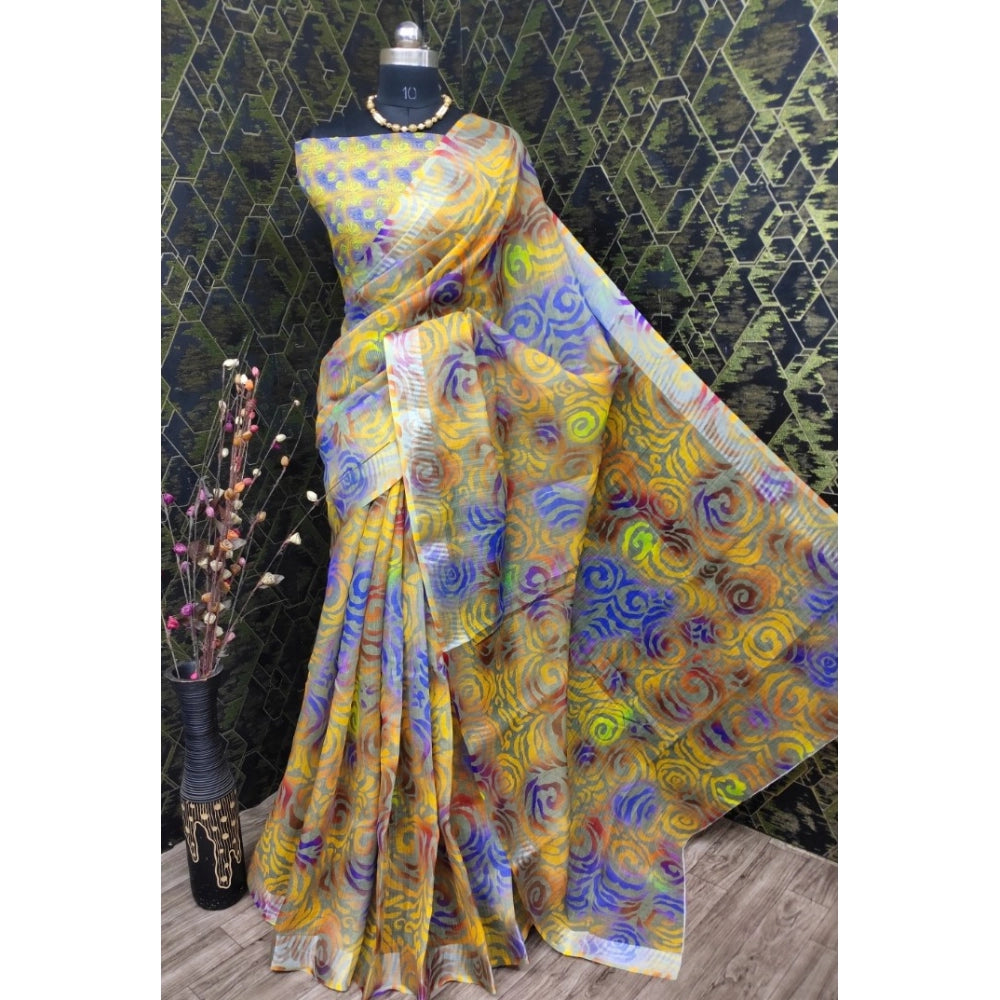 Women's Cotton Linen Woven Design Saree With Unstitched Blouse 5.5Mtr (Yellow)