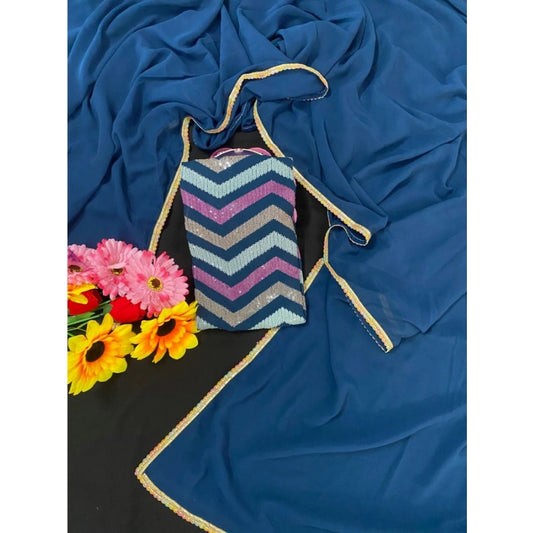 Women's Fox Georgette  Solid Saree With Unstitched Blouse 5.5Mtr (Blue)