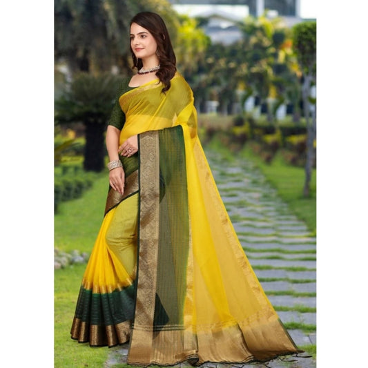 Women's Khadi Cotton Solid Saree With Unstitched Blouse 5.5Mtr (Yellow)