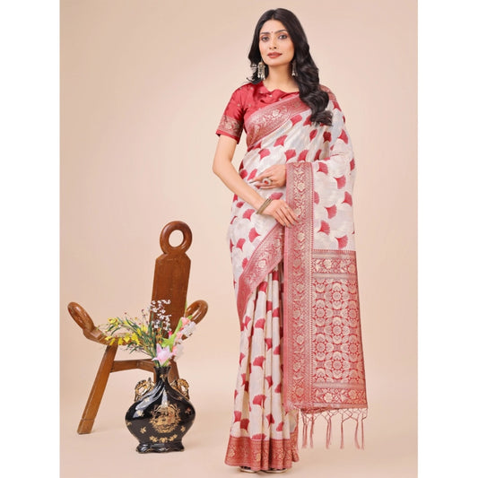 Women's Linen Cotton Printed Saree With Unstitched Blouse 5.5Mtr (Red)