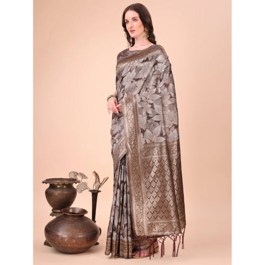 Women's Cotton Printed Saree With Unstitched Blouse 5.5Mtr (Brown)