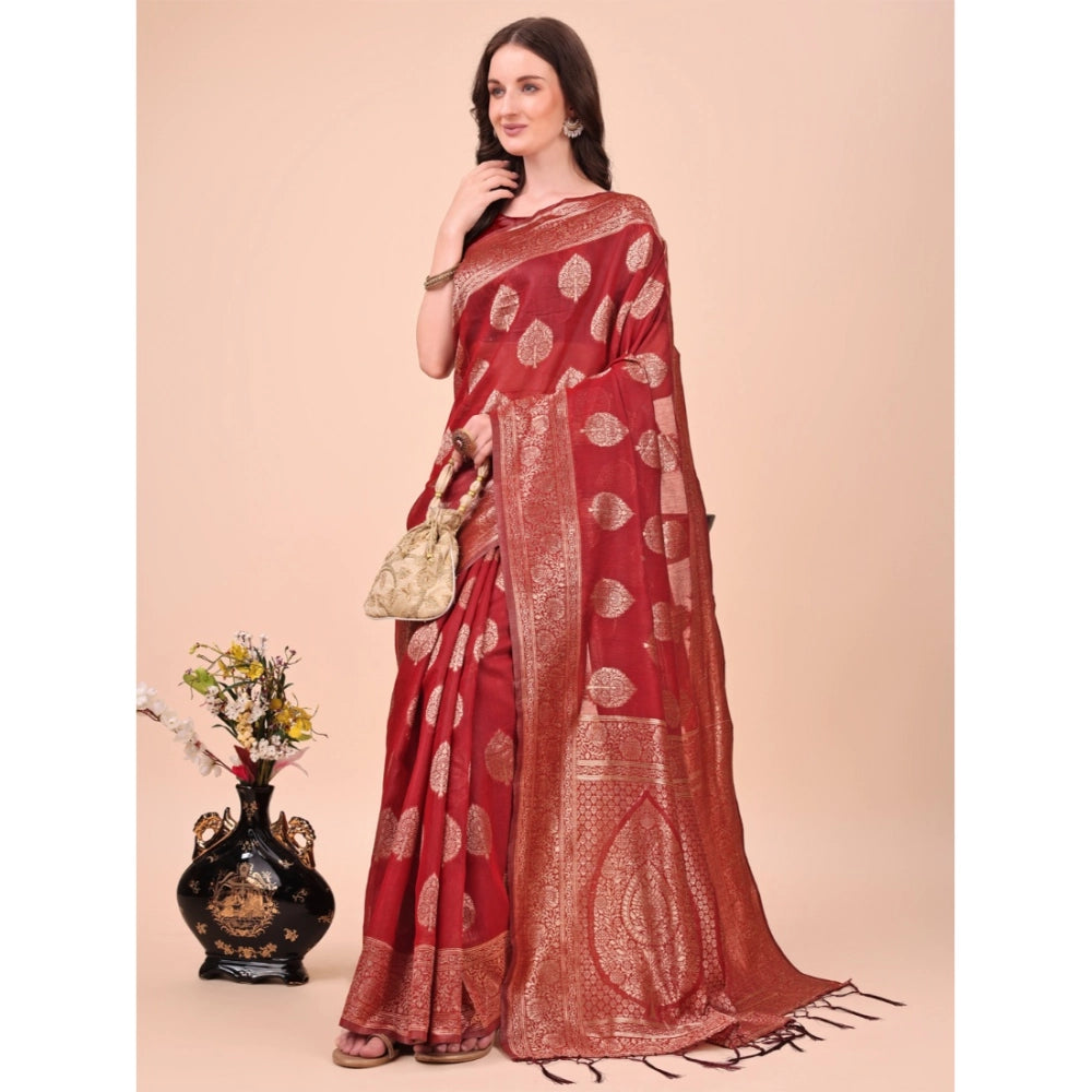 Women's Cotton Printed Saree With Unstitched Blouse 5.5Mtr (Maroon)