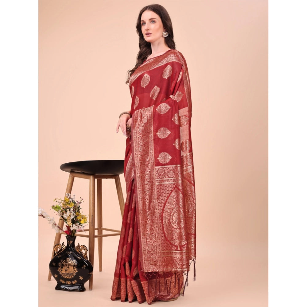 Women's Cotton Printed Saree With Unstitched Blouse 5.5Mtr (Maroon)