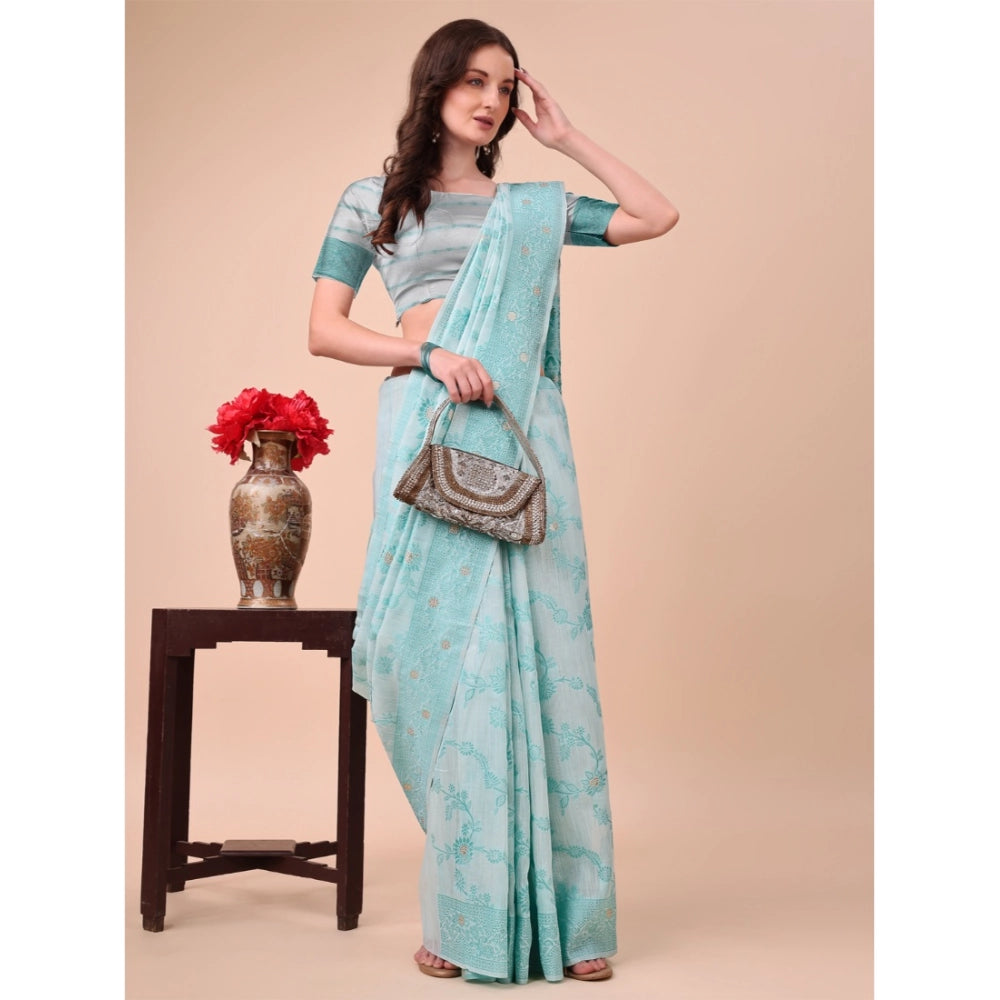Women's Cotton Printed Saree With Unstitched Blouse 5.5Mtr (Sky Blue)