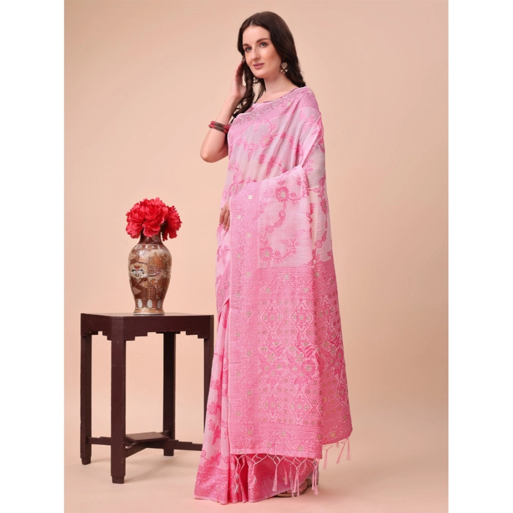 Women's Cotton Printed Saree With Unstitched Blouse 5.5Mtr (Pink)