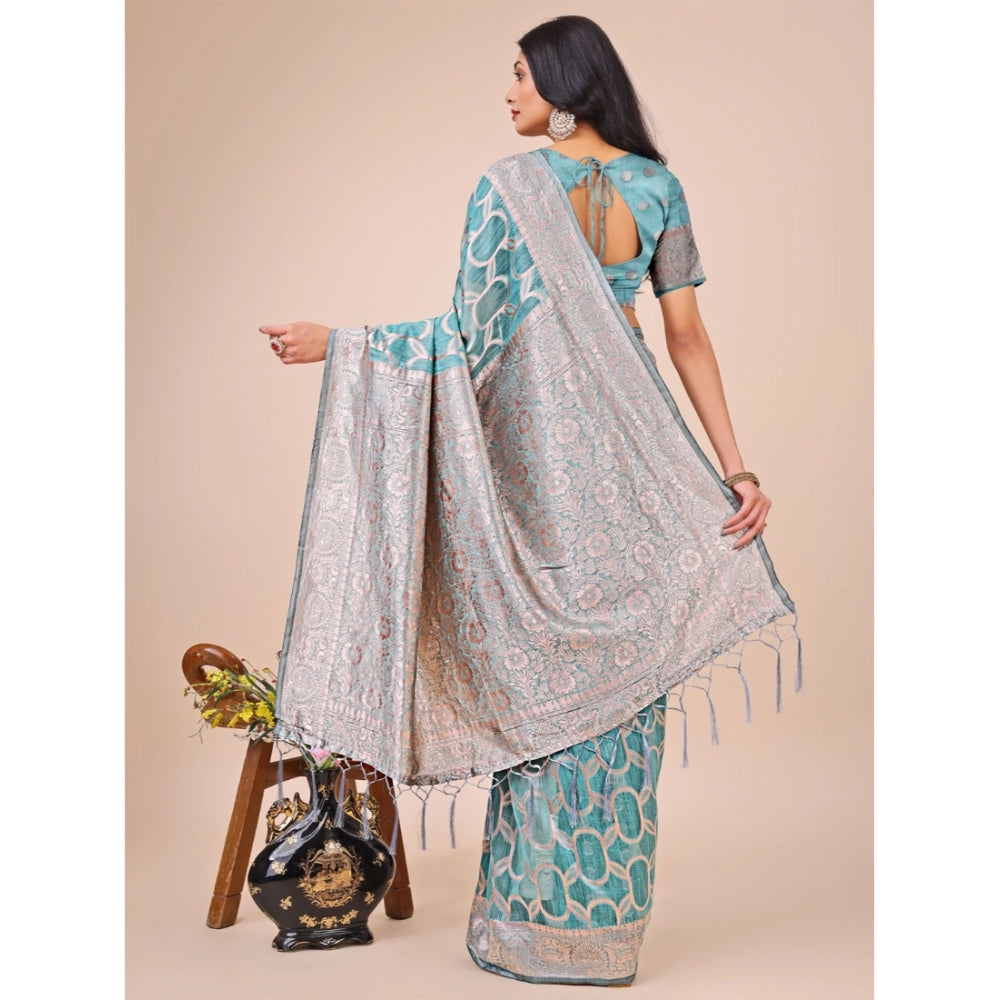 Women's Linen Cotton Printed Saree With Unstitched Blouse 5.5Mtr (Teal)