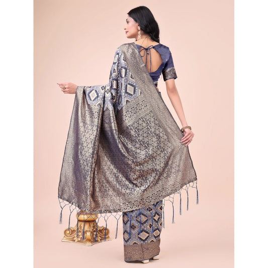 Women's Cotton Printed Saree With Unstitched Blouse 5.5Mtr (Navy Blue)