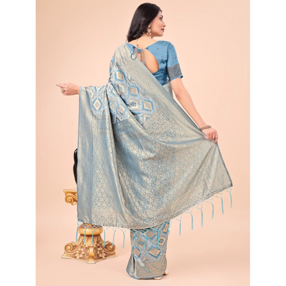 Women's Cotton Printed Saree With Unstitched Blouse 5.5Mtr (Sky Blue)