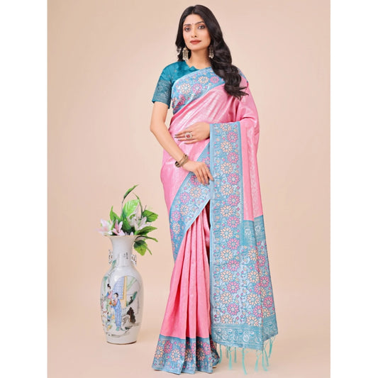Women's Lichi Silk Printed Saree With Unstitched Blouse 5.5Mtr (Pink)