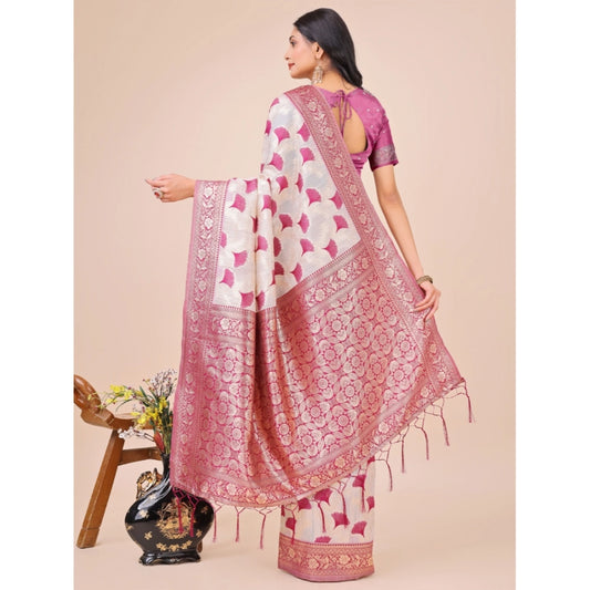 Women's Linen Cotton Printed Saree With Unstitched Blouse 5.5Mtr (Magenta)