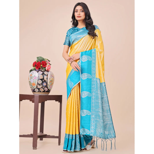 Women's Lichi Silk Printed Saree With Unstitched Blouse 5.5Mtr (Yellow)