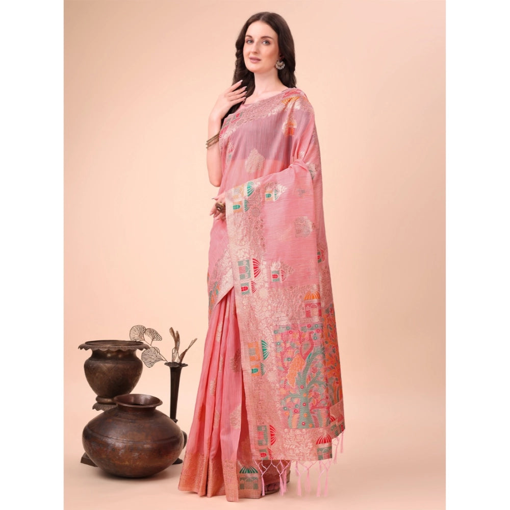 Women's Linen Cotton Printed Saree With Unstitched Blouse 5.5Mtr (Pink)