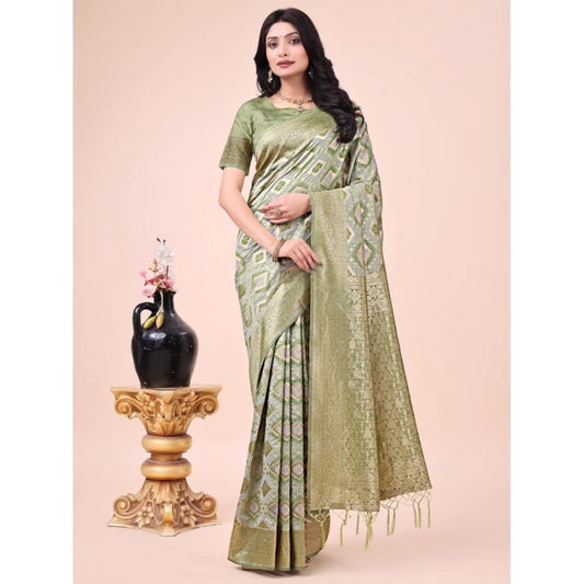 Women's Cotton Printed Saree With Unstitched Blouse 5.5Mtr (Mhendi Green)