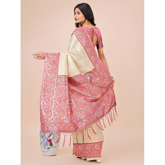 Women's Lichi Silk Printed Saree With Unstitched Blouse 5.5Mtr (Cream)