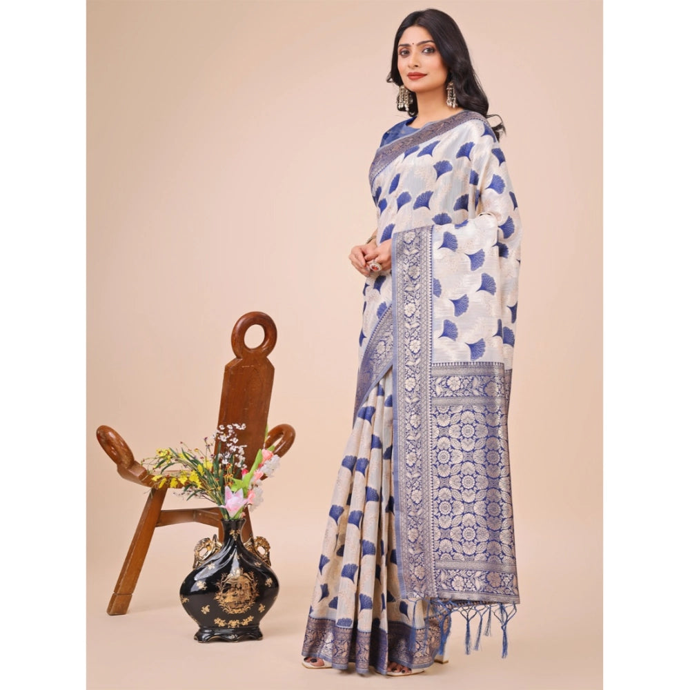 Women's Linen Cotton Printed Saree With Unstitched Blouse 5.5Mtr (Blue)